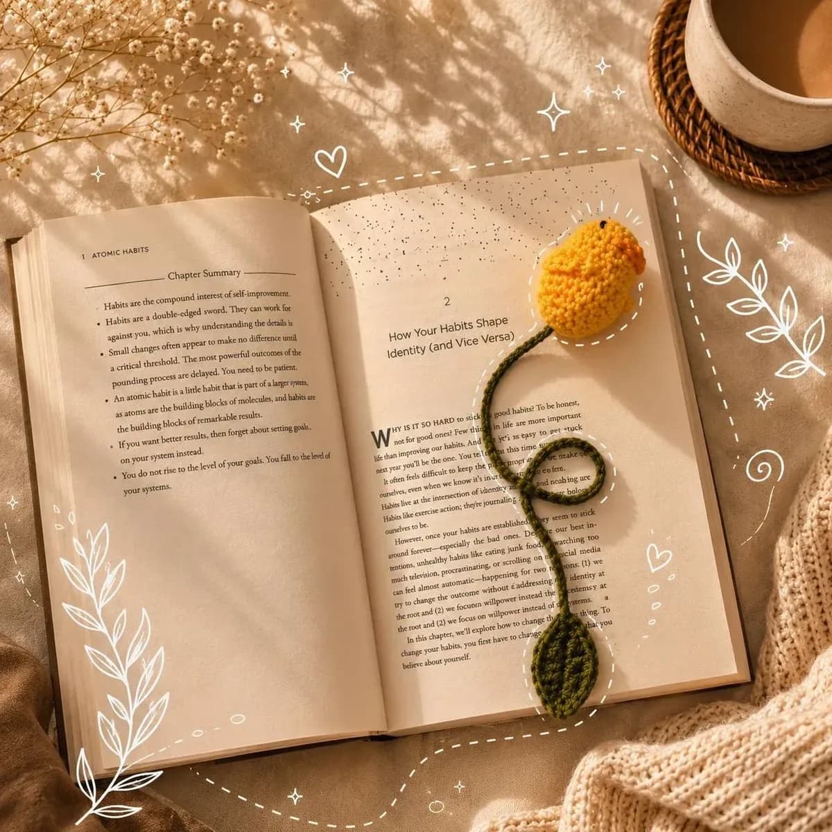 Crochet Flower & Leaf Bookmark — Yellow — photo 1