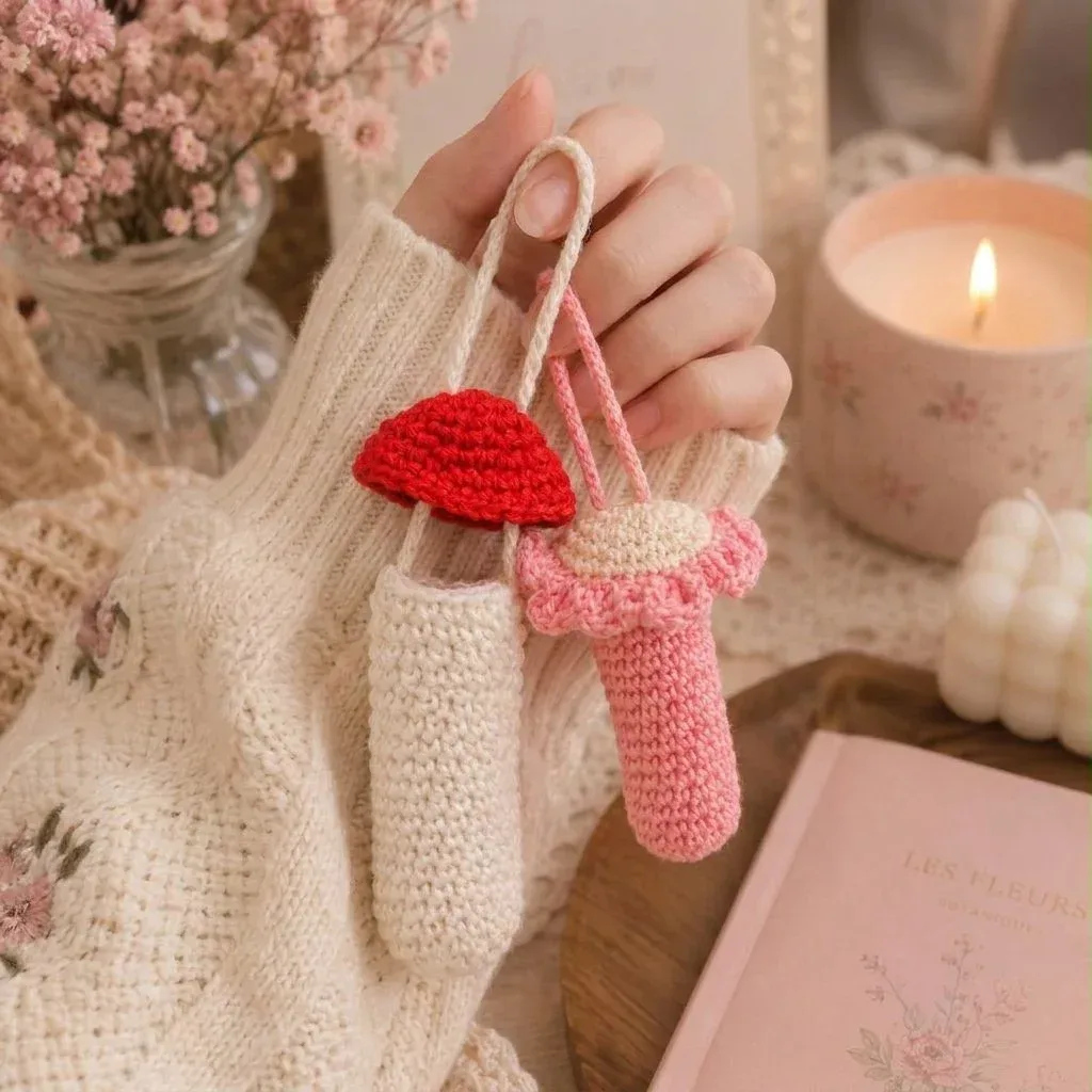 Crochet Mushroom Lip Balm Holder — Pink & Red — photo 1