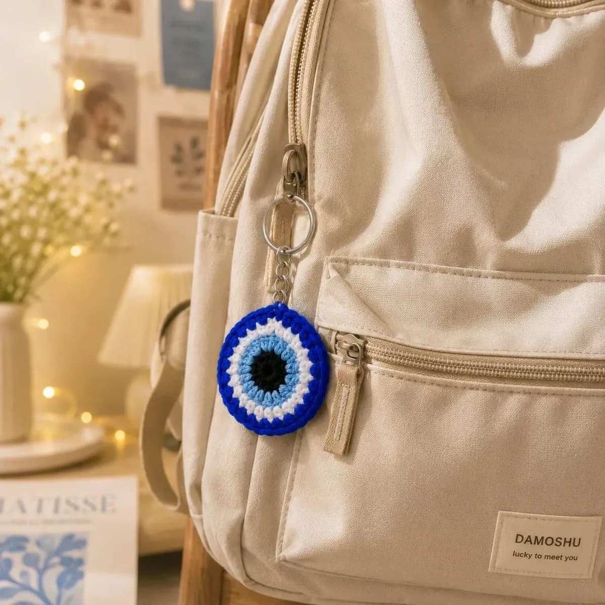 Crochet Evil Eye Keychain — Blue & White — photo 2