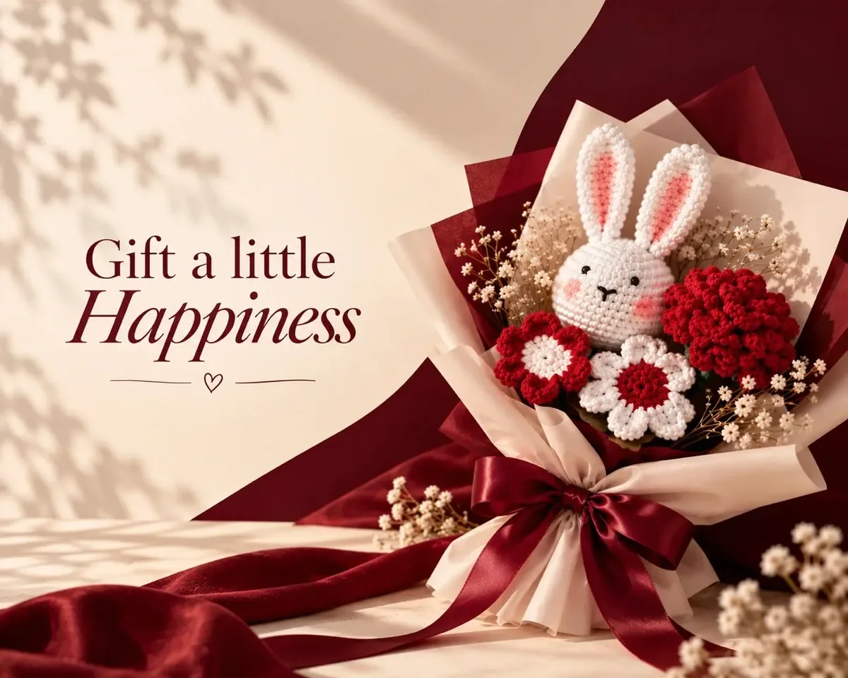 Gift a little Happiness — a handmade crochet bunny and flower bouquet wrapped in deep red and cream