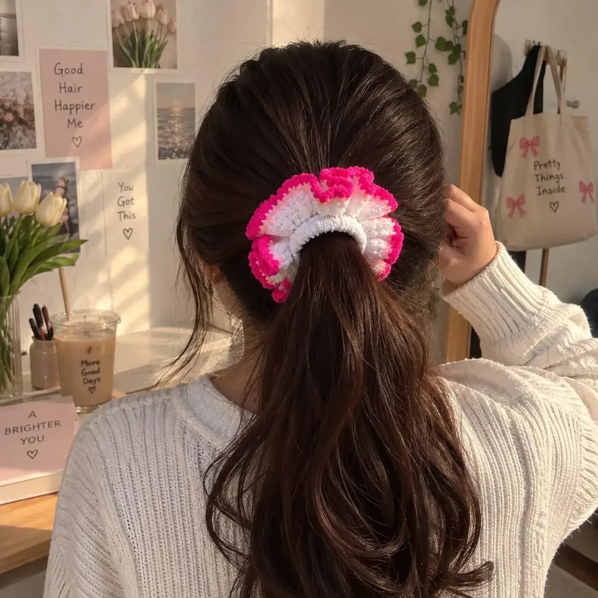 Crochet Ruffle Scrunchie — Hot Pink & White — photo 1